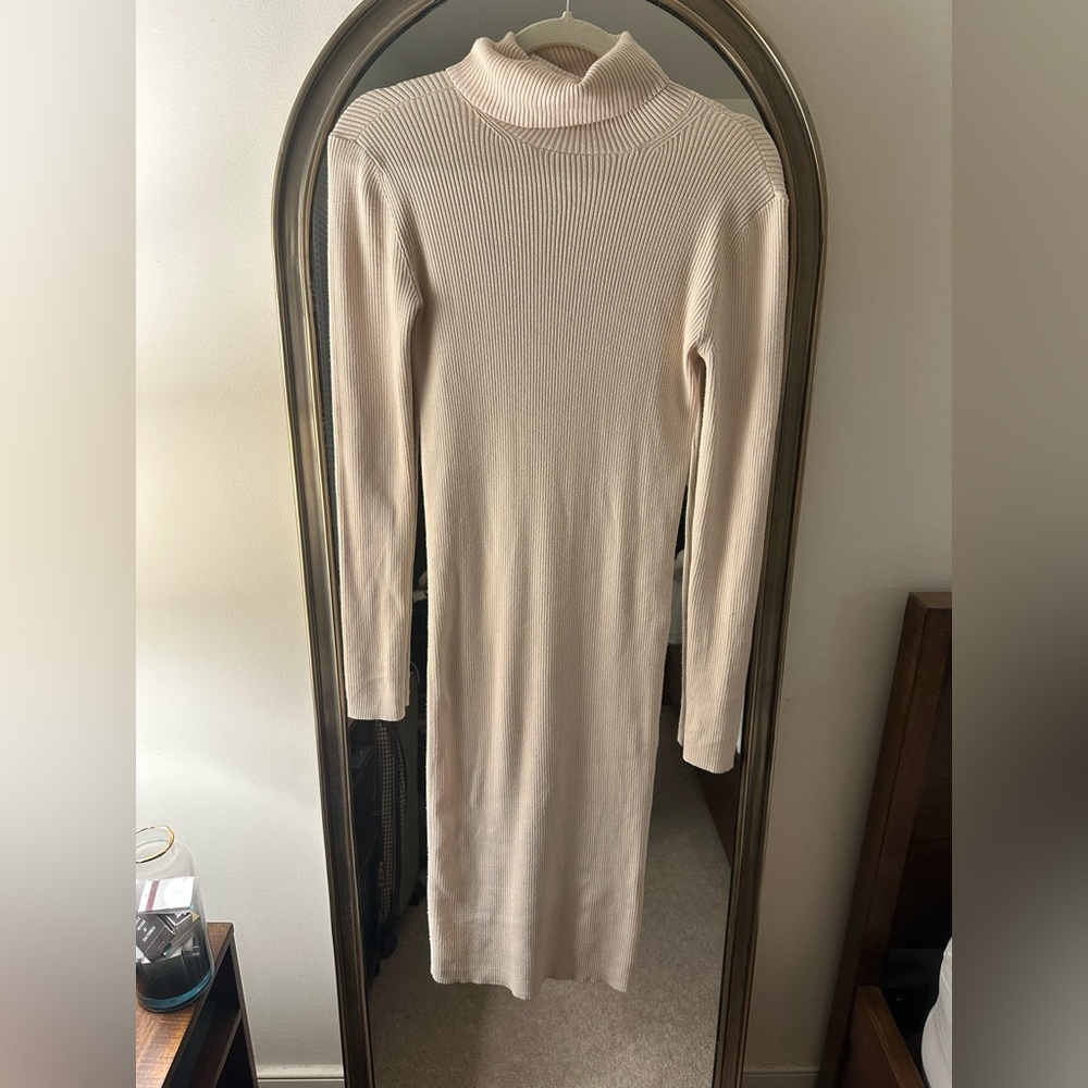 Express Ribbed Cream Turtleneck Dress